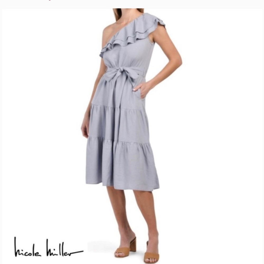 Small blue Nicole Miller one shoulder ruffle dress